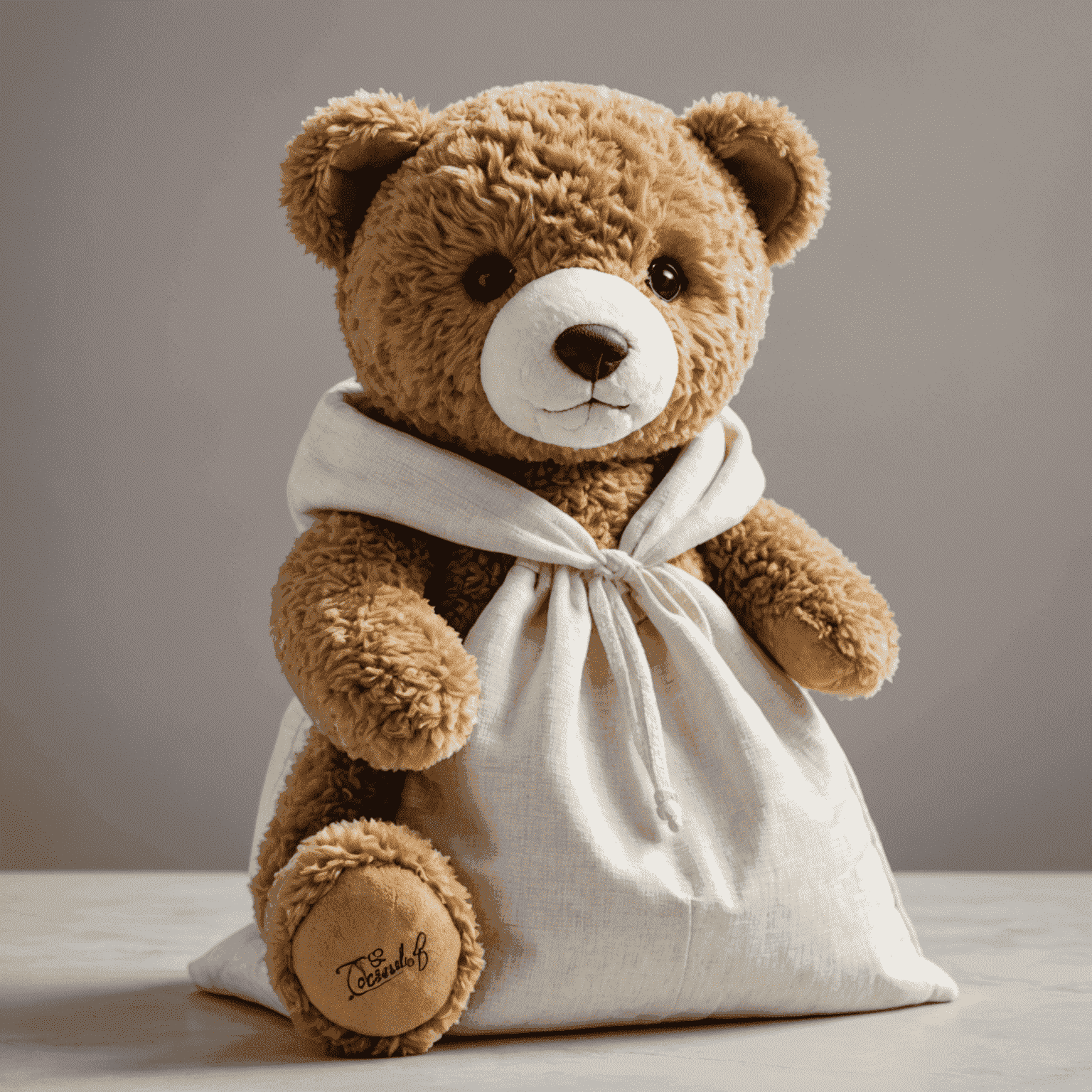 A teddypluff being gently placed into a soft, breathable cotton storage bag