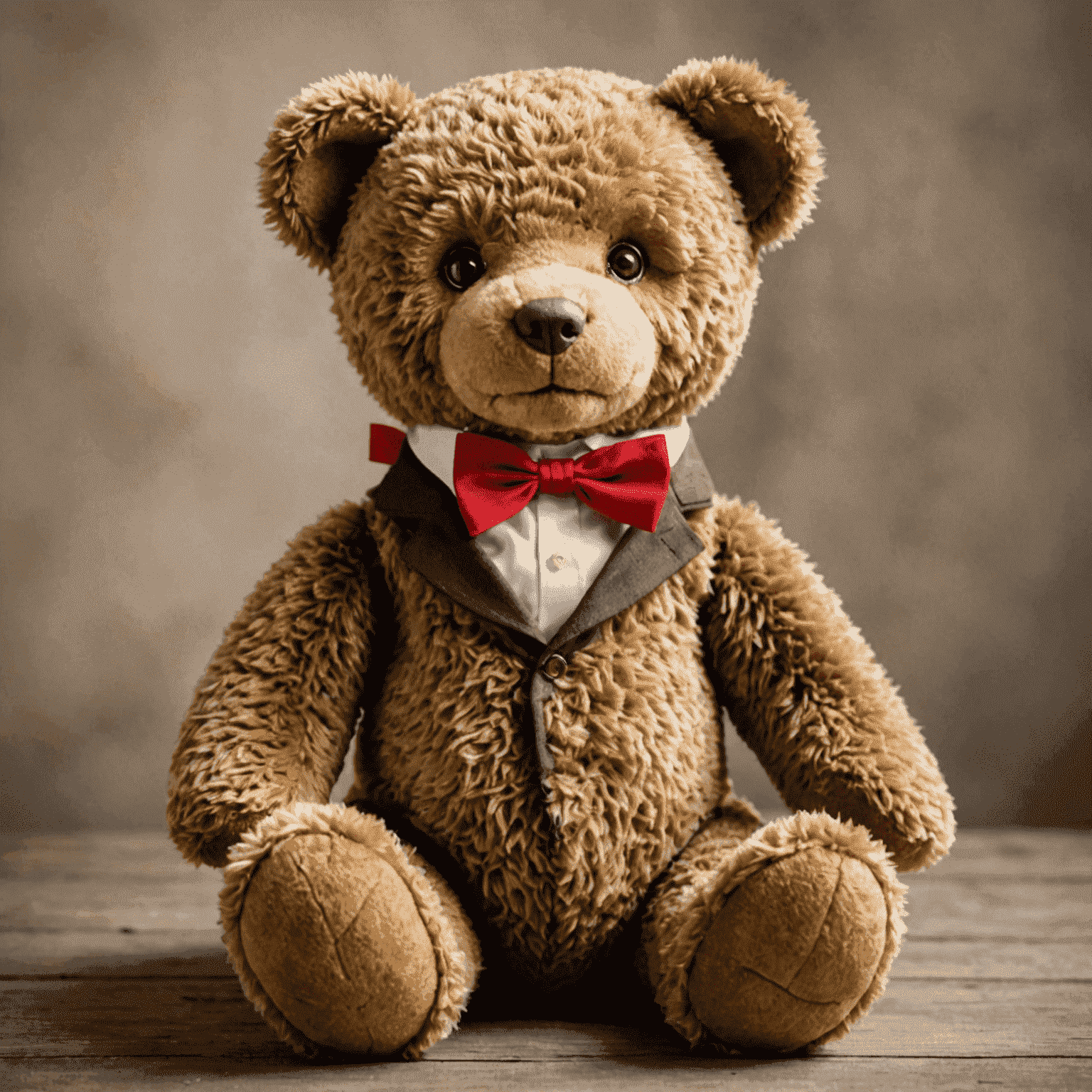 A well-loved brown teddy bear with a red bow tie, sitting and waiting for adoption