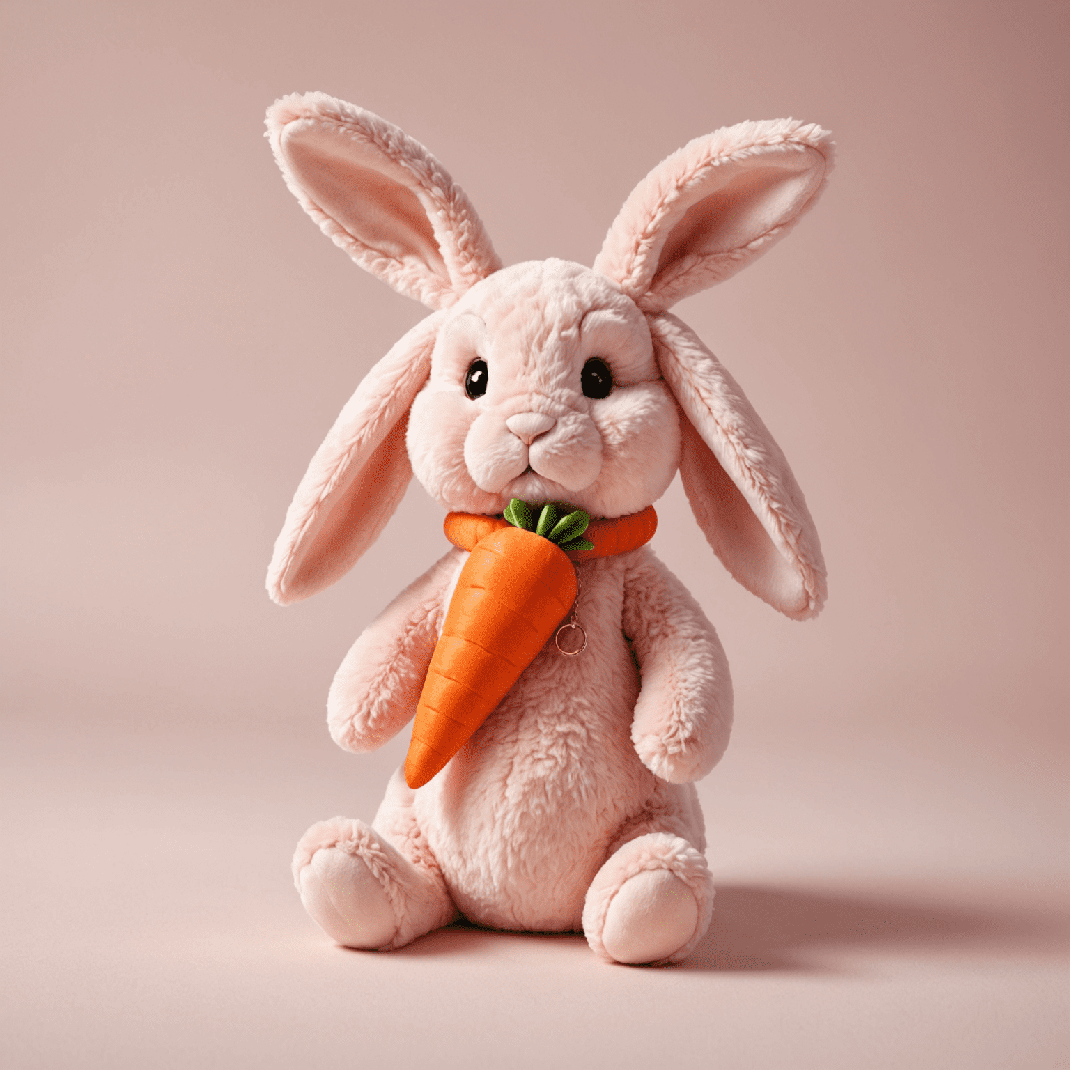 A soft pink plush rabbit with floppy ears and a cute carrot-shaped pendant